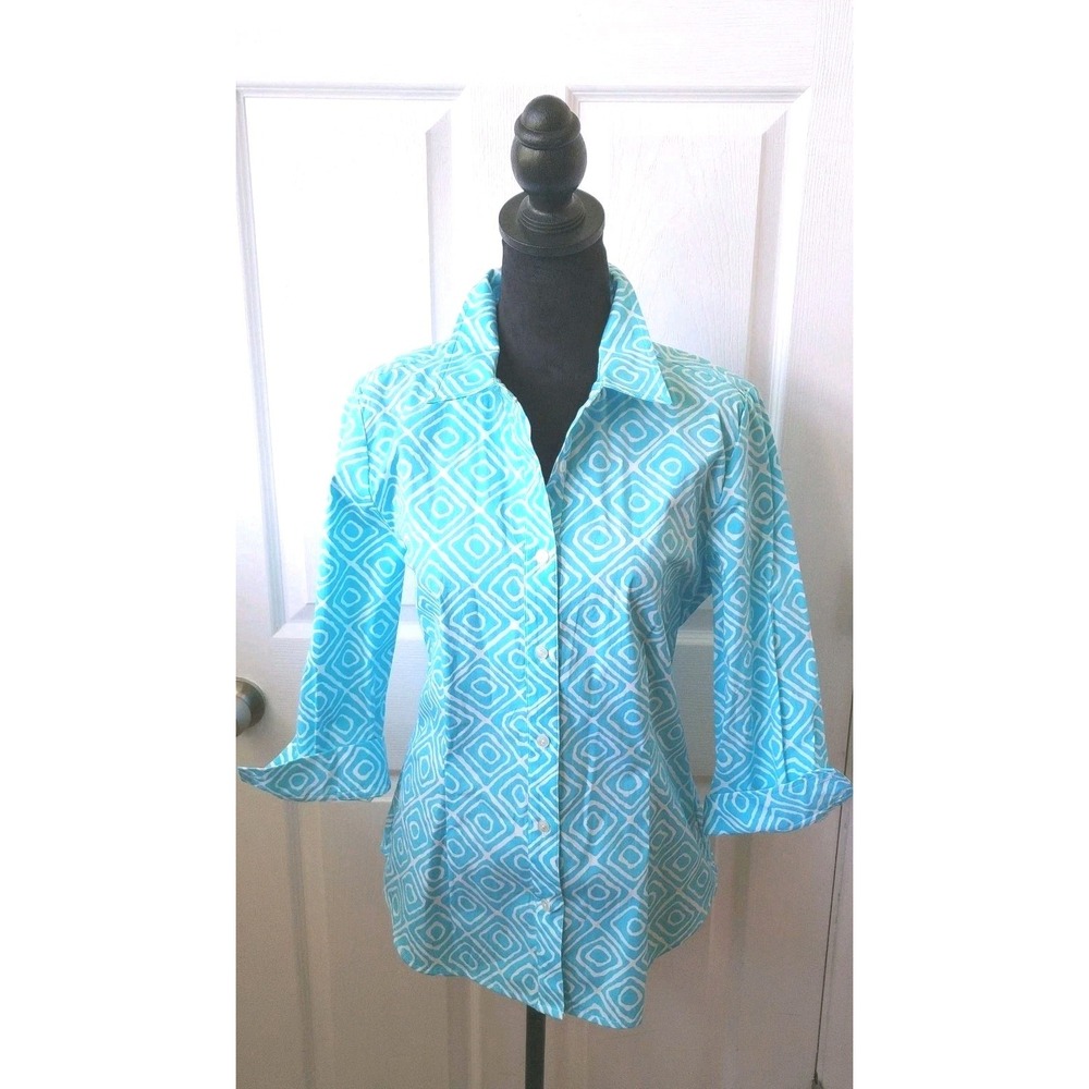 Women's Shirt by Madison Hill in Turq & White Cotton Spandex with 3 /4 Sleeve LG